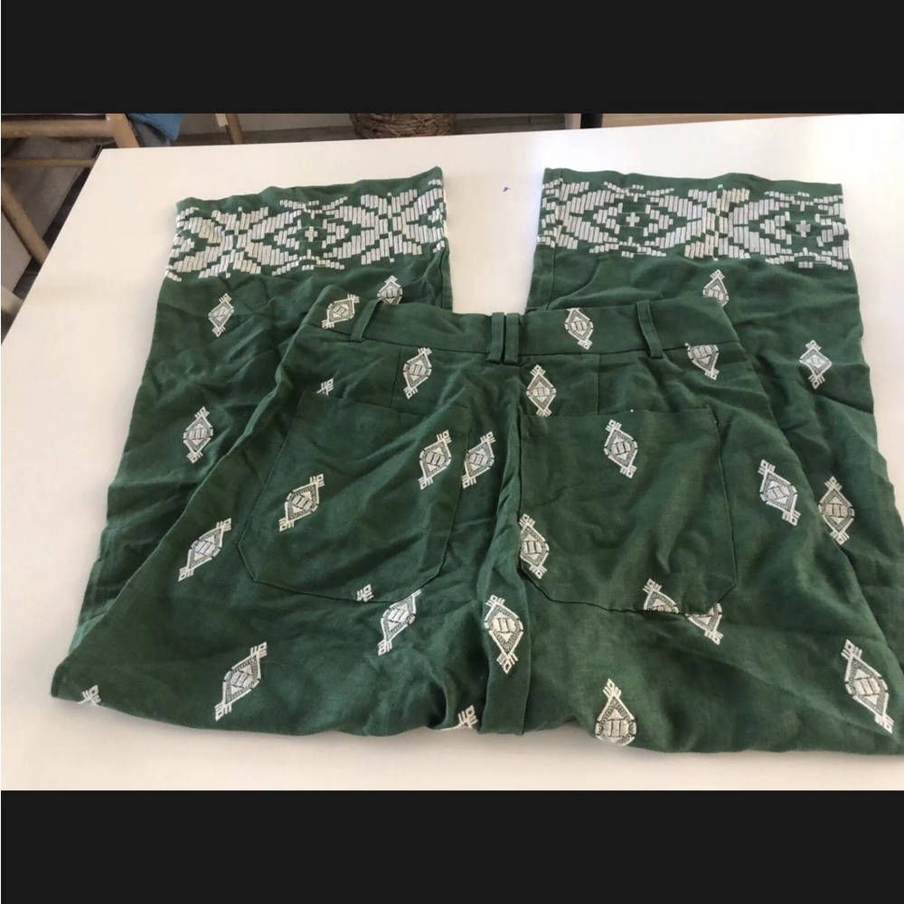 Zara Embroidered Palm Tree Culottes Pants Size S Green White High Waist Linen